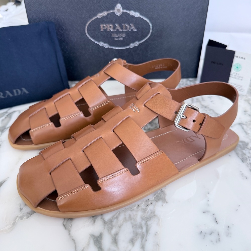 Prada 2X2301 Rubber Fisherman Sandals Brown Logo Cage Slingback Mens Shoes UK9.5